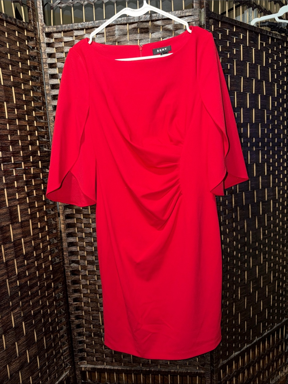 DKNY Bright Red Long-Sleeve Draped Sheath Dress